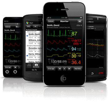 Imagen: El sistema de seguimiento de pacientes, AirStrip, en el iPhone (Foto cortesía de Airstrip Technologies).